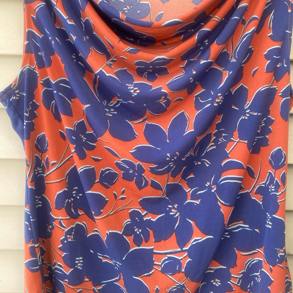 Tahari Draped Sleeveless Blouse in Blue and Orange - Picture 3 of 9